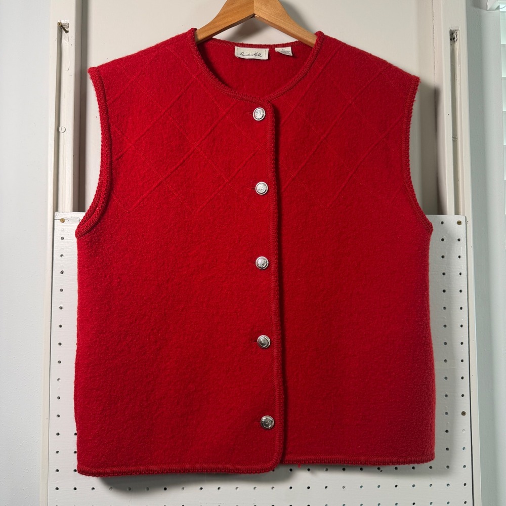 Austin Hill Vintage Red Boiled Wool Vest Silver Crest Button Diamond Quilt Mediu